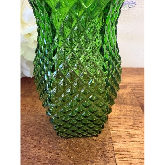 Vintage‎ Mid Century Modern Green Glass Vase Diamond Quilted Retro Emerald  MCM - Picture 5 of 6